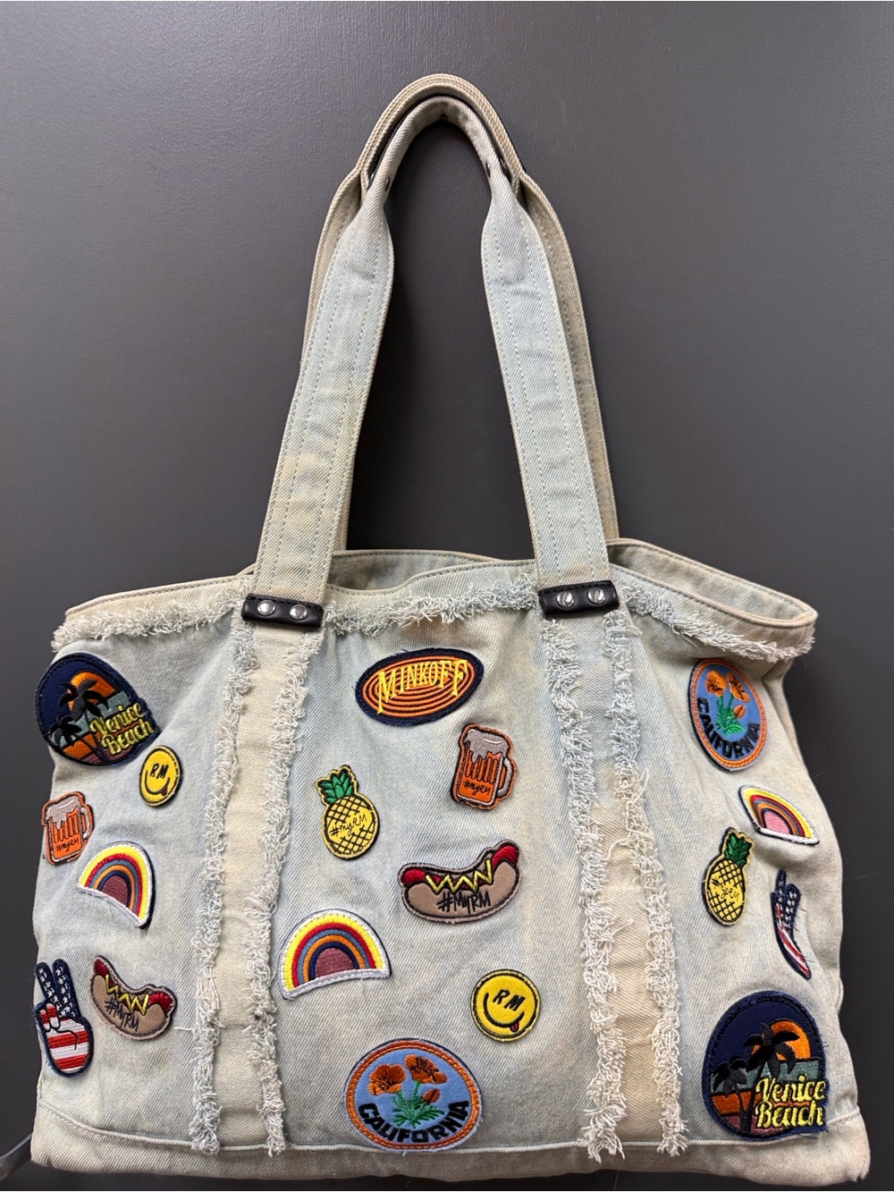 Rebecca Minkoff Light Denim Patchwork Tote with Multicolor Embroidered Patches